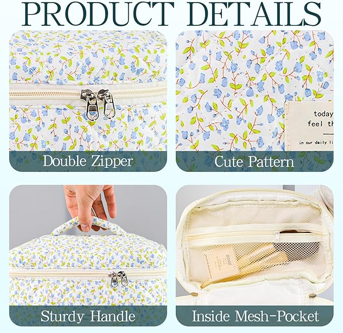 Makeup Bag, 3 PCS Quilted Makeup Bag, Cute Floral Cotton Cosmetic Bag set, Coquette Makeup Pouch Large Travel Toiletry Bag