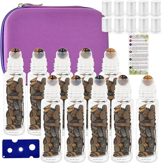 Essential Oil Roller Bottle 10ml w EVA Carrying Travel Case（Clear Glass Bottle with silver Cap、10pack、Gemstone Roller Balls、Healing Crystal Chips Inside、Opener)Gemstone Roller Ball Bottles