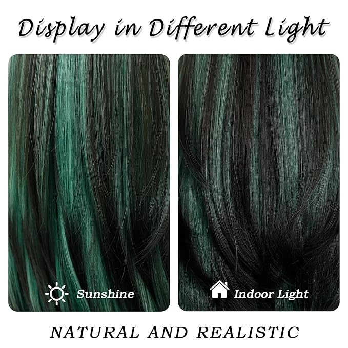 7JHH WIGS Long Straight Wigs with Curtain Bangs,Green Highlight Layered Wig for Women Synthetic High Density Heat Resistant Hair Wig for Daily Party 24 Inches