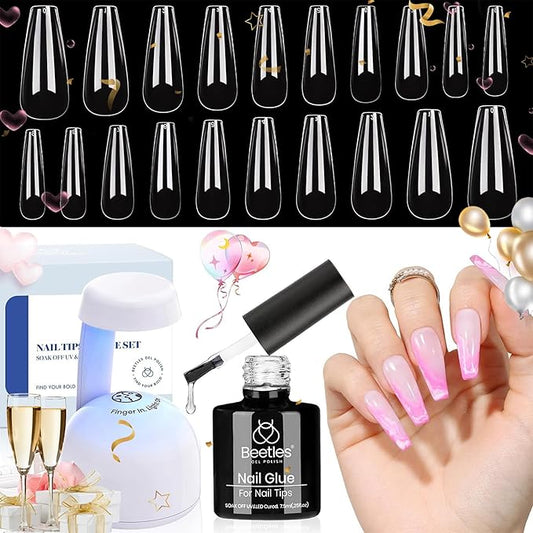 Beetles Gel Nail Kit Easy Nail Extension Set with 500Pcs Nail Tips Coffin Shape 5 In 1 Nail Glue Base Gel and Innovative Led Lamp Easy Diy Nails Art Home Gelly Tips