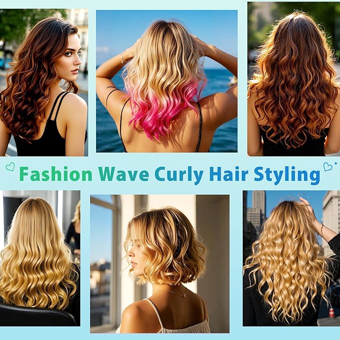 3 Barrel Curling Iron Hair Crimper: Aleath Dual Voltage Adjustable Temperature Three Barrels Hair Waver - Ceramic 1 inch Curler Wand（Blue）