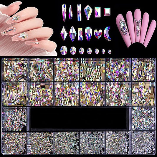 3100Pcs AB Crystal Nail Rhinestones, HOINCO Mix 20 Styles Flatback Rhinestone, 12 Types of 600 Diamonds + 2500 Round Beads, Crystals 3D Flat Back Gemstones for Nail DIY Crafts with Tweezers Pen