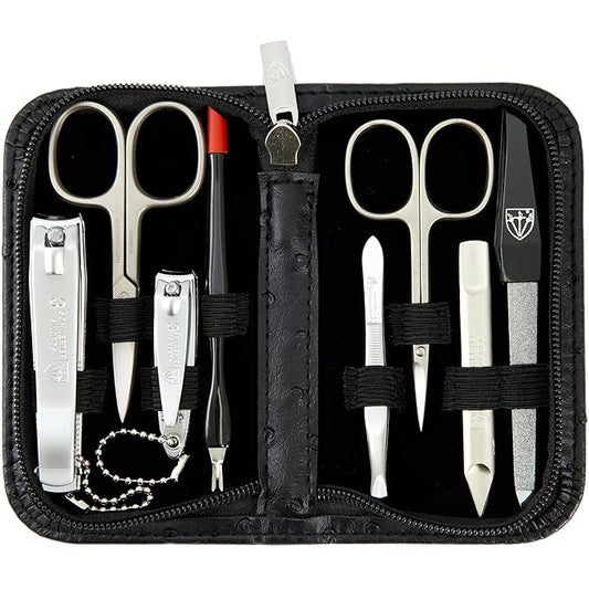 3 Swords Germany – brand quality 8 piece manicure pedicure grooming kit set for professional nail care with synthetic leather case ostrich black - Made in Germany