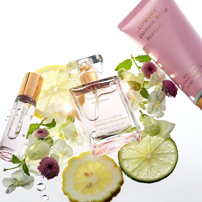 Mother's Day Womens Gifts, Birthday Gifts for Mom, Self Care Gifts for Women, Damask Rose Romance Spa Kit with Soy Candle, Perfume Roll On, Body Lotion, Body Mist & Eau de Parfum, Bath & Body Care Set