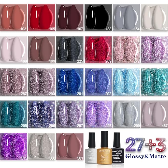 Lavender Violets 30 Pcs Gel Nail Polish Set, 27 Colors Purple Blue Brown Red with Glitter Glossy Matte Gel Base and Top Coat Set for Nail Art C975