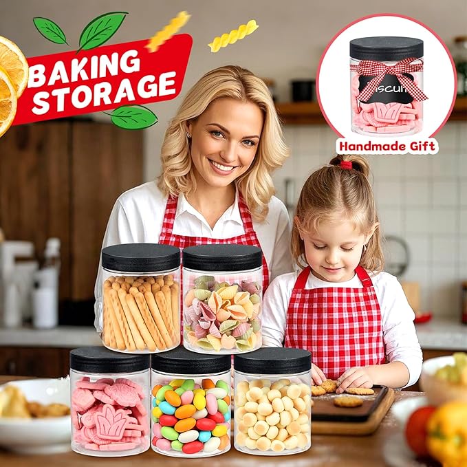 48 PCS 8 OZ Plastic Jars with Screw On Lids, Pen and Labels Refillable Empty Round Slime Cosmetics Containers for Storing Dry Food, Makeup, Slime, Honey Jam, Cream, Butter, Lotion, black