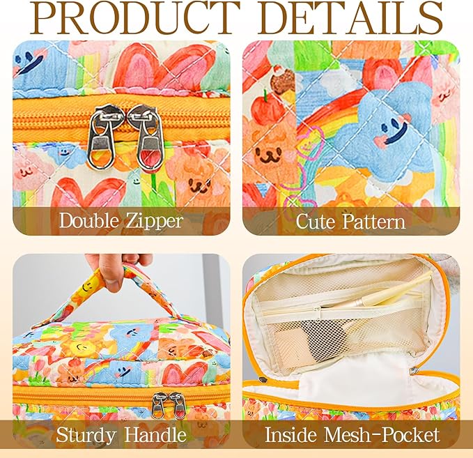 Makeup Bag, 3 PCS Quilted Makeup Bag, Cute Floral Cotton Cosmetic Bag set, Coquette Makeup Pouch Large Travel Toiletry Bag