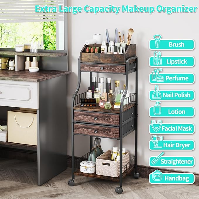 HapiRm Floor Makeup Organizer Storage - Vanity Skincare Make Up Organizers and Storage with Drawers, Cosmetics Display Cases Holder for Skin Care Nail Polish Perfume Makeup Brush