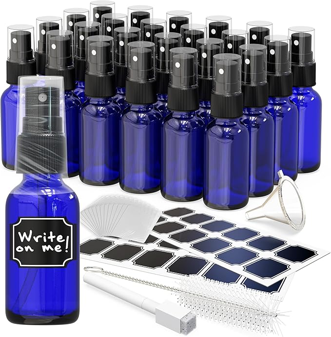 Nevlers 1 Oz Cobalt Blue Glass Spray Bottles Mist Sprayer 24 Pack | Small Spray Bottle Set w/Shrink Wrap, Funnel, Brush, Marker, & Labels | Misting Bottle Sprayer for Home | Travel Spritzer Bottles