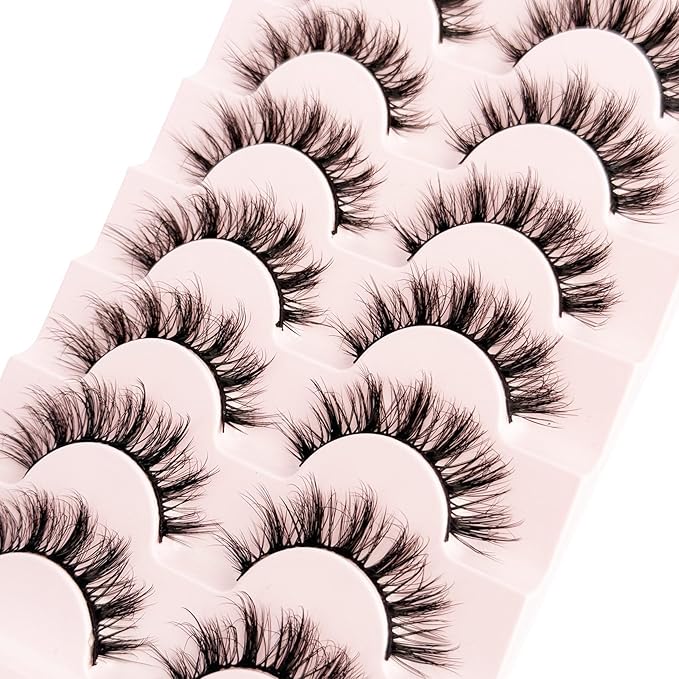 Short Lashes Natural Look Mink Lashes Fluffy Wispy Lashes Strips Russian D Curl NINGLASH False Eyelashes Cat Eye Lash that Look Like Extensions Fake Eyelash 14mm Faux 3D 7 Pairs Lash Pack