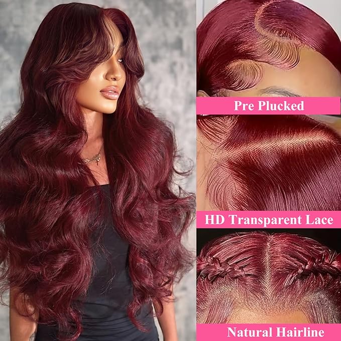 99j Burgundy Lace Front Wigs Human Hair 26 Inch 13x6 Body Wave Lace Front Wigs Human Hair Pre Plucked 200 Density HD Transparent Red Colored Frontal Wigs Human Hair for Women with Baby Hair