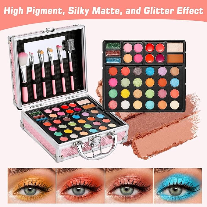 Anpro All-In-One Makeup Carry Case with Pro Teen Makeup Set, Full Starter Cosmetics Kit with Makeup Brushes, Eye Shadows Palette, Blushes, Glitter Gel, Temporary Tattoo Stickers - Blue, Style04