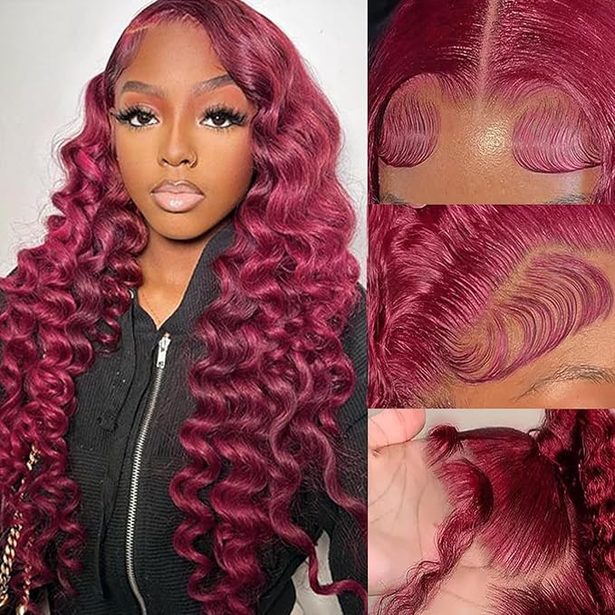 32 Inch Loose Deep Wave Lace Front Wig Human Hair Burgundy 13x4 HD Pre Plucked 180% Density 99j Loose Wave Frontal Wig Glueless With Baby Hair