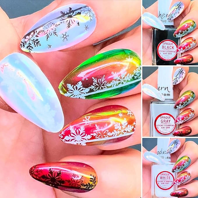 SheModern STICKY Opaque BLACK + WHITE + GRAY Stamping Polishes For Nail Art Design Air-Dry Collection. More Transfer Time with Tacky Surface for Easy Adhere of Pigment, Glitter