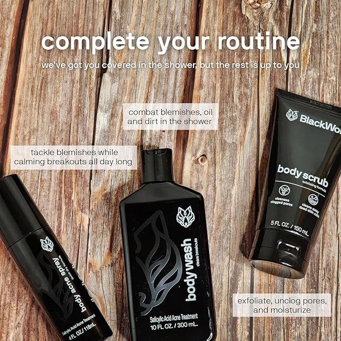 Black Wolf Body Wash & Sonic Scrubber Pro Kit for Men - Vibrating Face & Body Brush with Charcoal Powder Shower Gel, Water Resistant Massage Brush & Salicylic Acid Body Wash, Rich Lather & Deep Clean