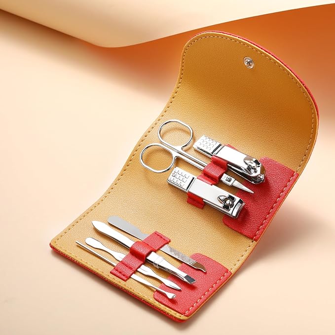 12 Set Manicure Set Bulk Mini Manicure Nail Clipper Kit 7 in 1 Stainless Steel Professional Nail Care Pedicure with Travel Portable Bag Grooming Kits for Women Men Home(Red)