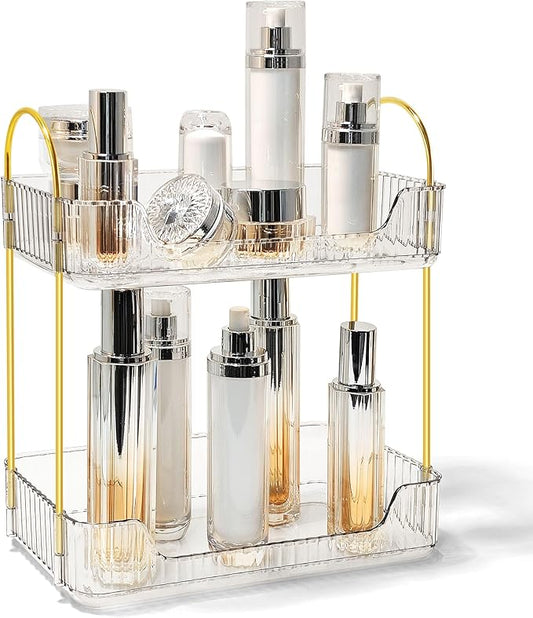 Bathroom Counter Organizer Countertop Storage Skincare Countertop Makeup Organizer Cosmetics Skincare Organizers Holder for Perfume-Clear-Golden Pole