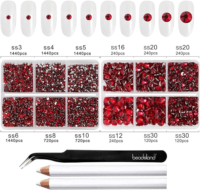 Beadsland 8300PCS Flatback Rhinestones, Red Rhinestone Nail Gems Round Crystal Rhinestones for Crafts, Mixed 10 Sizes with Wax Pencil and Tweezer Kit, SS3-SS30, Siam