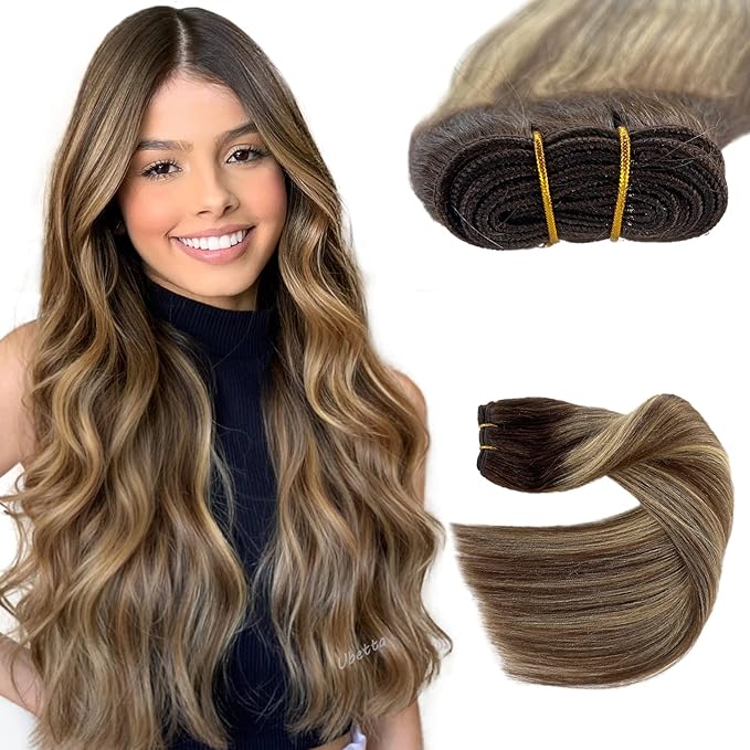 Sew in Hair Extensions Real Human Hair, 20 Inch Weft Hair Extensions Human Hair 100G Ombre Brown Balayage Caramel Blonde Hand-Tied Weft Hair Extensions Weave Bundles Human Hair Extensions for Women