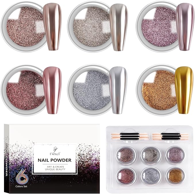 Chrome Nail Powder Set Metallic Mirror Glitter for Manicure Nail Art Decoration Gold Silver Bronze Rose Gold Silver Pigment 6 Colors Kit 0.5g/Jar (TR 6 Pcs Set)