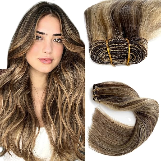 Sew in Hair Extensions Real Human Hair 14 Inch Weft Extensions Real Remy Hair Ash Brown Balayage Honey Blonde Highlights Double Weft Full Head Straight Hair Weaves 80G Hair Weft Bundles Straight Hair