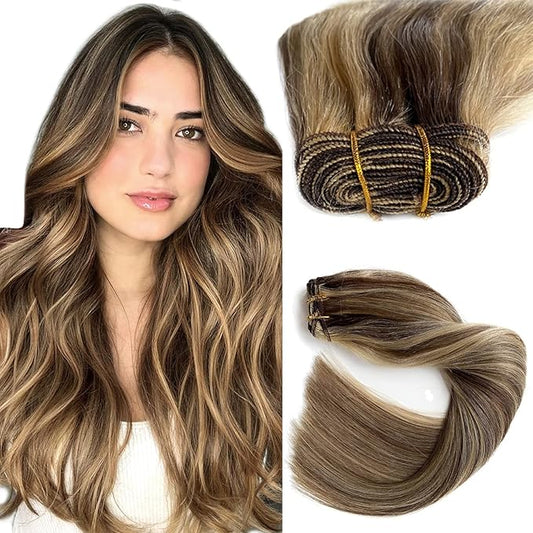 Sew in Hair Extensions Real Human Hair 14 Inch Weft Extensions Real Remy Hair Ash Brown Balayage Honey Blonde Highlights Double Weft Full Head Straight Hair Weaves 80G Hair Weft Bundles Straight Hair
