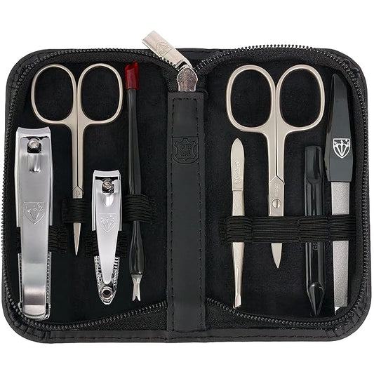 3 Swords Germany – brand quality 8 piece manicure pedicure grooming kit set for professional nail care with genuine leather case black - Made in Germany