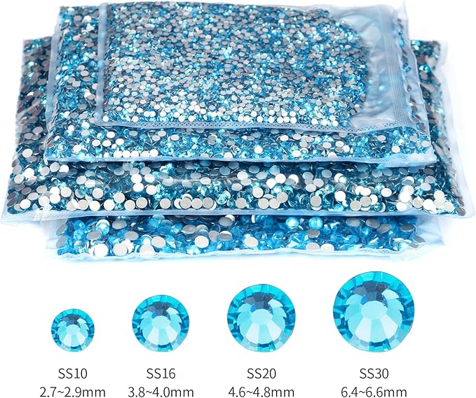 2000PCS Aquamarine Rhinestones Bulk, Flat Back Crystal Glass Stone Round Gems,SS30, 6.4-6.6mm