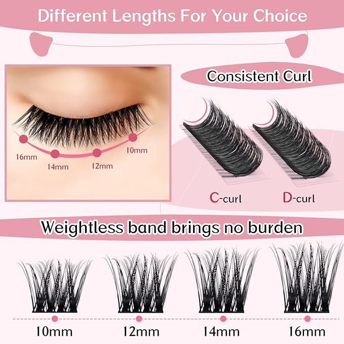 Cluster Lashes, 72 Pcs Individual Lashes, Lash Clusters DIY Eyelash Extension, Super Thin Band Reusable Soft & Comfortable (Treasure-D-16mm)
