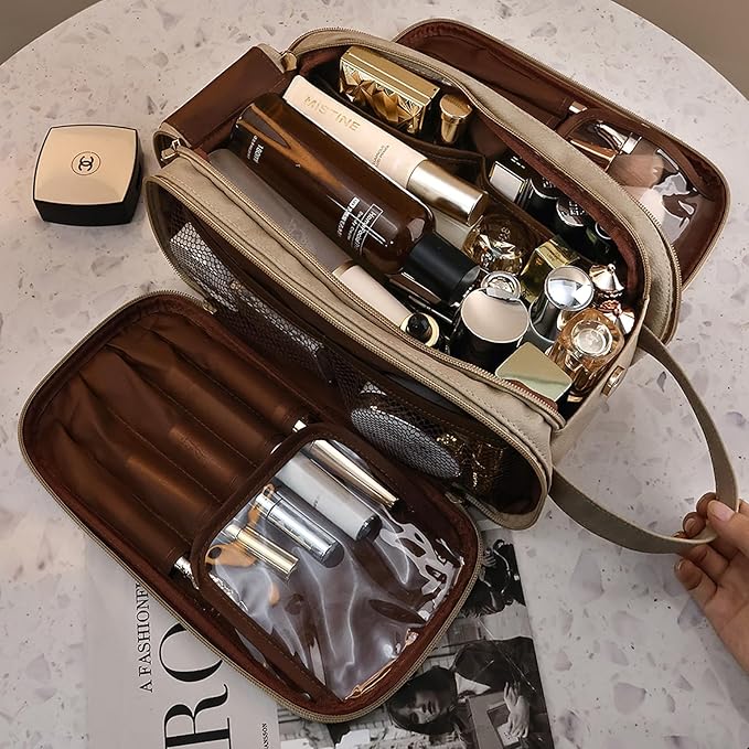Travel Toiletry Bag for Women PU Leather Triple-layer Double Zipper Toiletry Bags,Waterproof with Handle Mens Toiletry Bag Stowable Brushes, Toiletries Makeup for Business Trips Camping Bathroom Brown
