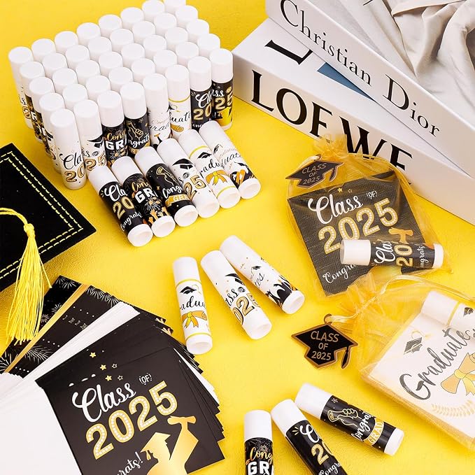 50 Set 2025 Graduation Gift Bulk Lip Balms Class of Graduation Party Favors with 6 Assorted Flavors Inspirational Graduation Gifts with 50 Organza Bags and Cards for Students Graduation Party