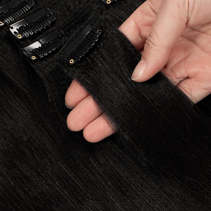 Remy Human Hair Clip In Hair Extensions Yaki Straight Full Head 8A Grade Natural Hair Clip Ins Remy Jet Black African Americans For Black Women 7pcs/set 120g/set 16 Inch