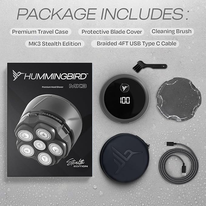 HUMMINGBIRD MK3 Stealth Edition Electric Head Shaver - No Nick Electric Razor for Men, Cordless USB C Rechargeable, Waterproof Wet/Dry Shave, 6 Blade Head, LED Display, Rotary Skull Shaver with Case