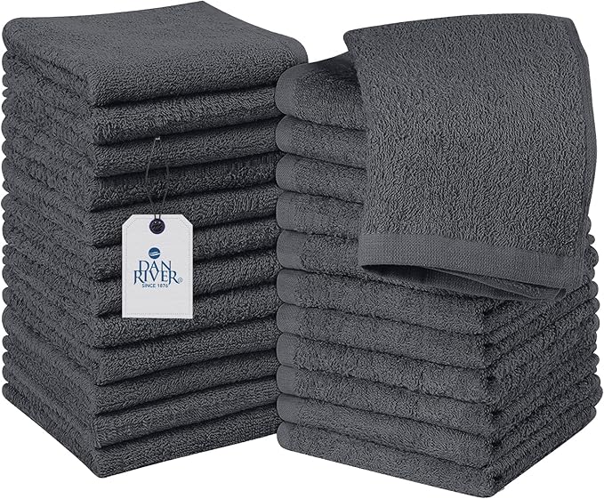 DAN RIVER 100% Cotton Washcloths 24 Pack Premium Quality Face and Body Cloth, Quick Dry Essential Towels for Bathroom, Hand, Kitchen & Cleaning, Baby Rugs | 12X12 in | 400 GSM | Charcoal