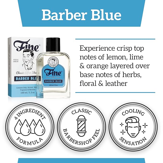 Fine Men's Aftershave - Barber Blue Fragrance, Soothing & Toning Post Shave Balm, Calms Razor Burn, Classic Barbershop Feel Alcohol-Based Formula, Gentle for All Skin Types, 100ml