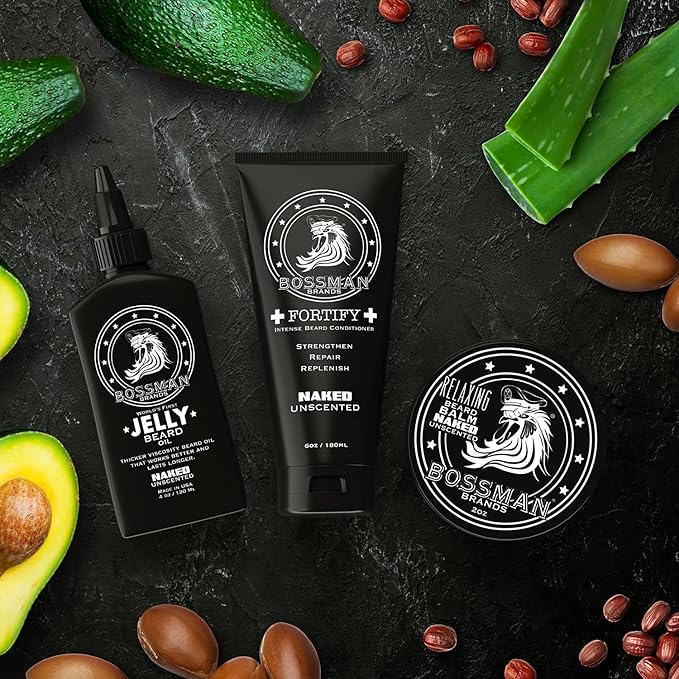 Bossman Essentials Beard Kit for Men – Beard Oil Jelly, Fortifying Conditioner Cream & Beard Balm – Grooming Care Accessories (Naked - Unscented)