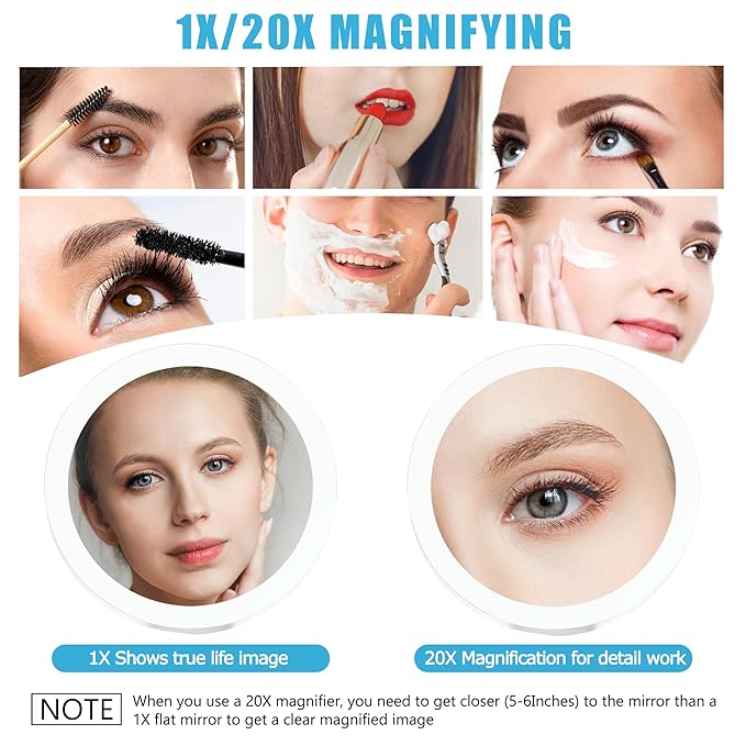 MIYADIVA 20X Magnifying Mirror with Light, Travel Magnifying Mirror, 1X/20X Vanity Mirror with Light, Adjustable Handle Travel Makeup Mirror, Touch Switch Light up Mirror for Plucking Eyebrows