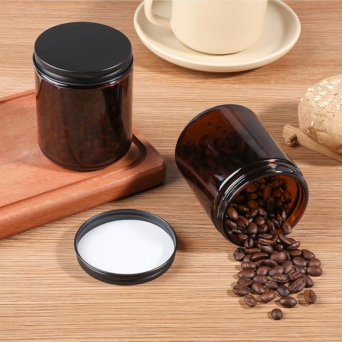 6 Pack Amber Glass Jars, 8 Oz Thick Amber Round Glass Jars, with Black Metal Lids, for Spice, Liquid, Sample, Leakproof and Dishwasher Safe