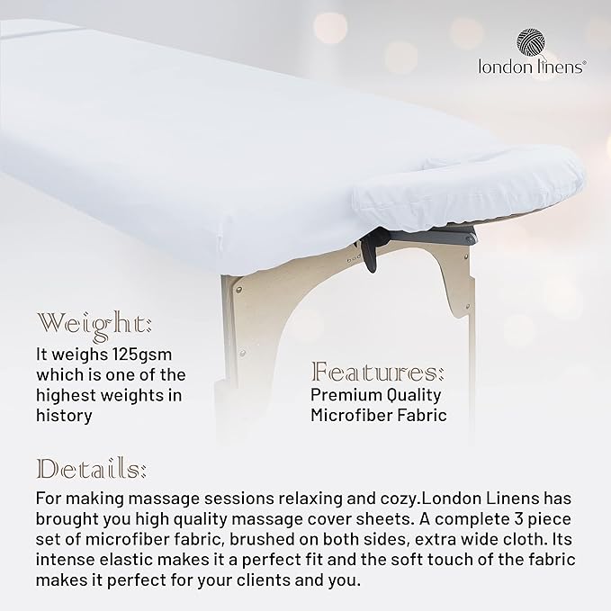 LONDON LINENS Pack of 2 Soft Microfiber Massage Table Sheets 3 Piece Set - Includes Massage Table Cover, Massage Fitted Sheet, and Massage Face Rest Cover (White)