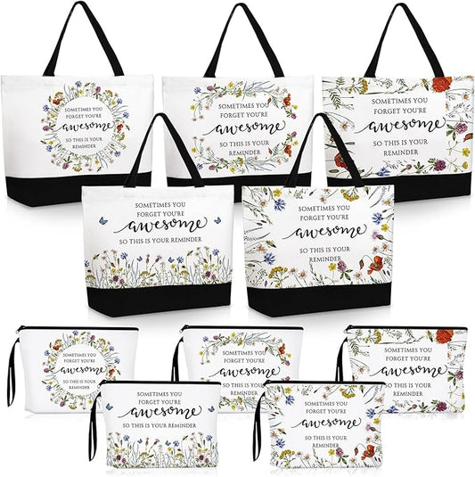 Paterr 10 Pcs Mother's Day Gifts Bulk 5 Styles Inspirational Tote Bags and Cosmetic Makeup Bags with Motivational Wildflower Scripture Quote Gifts Bulk for Women Teacher Nurse