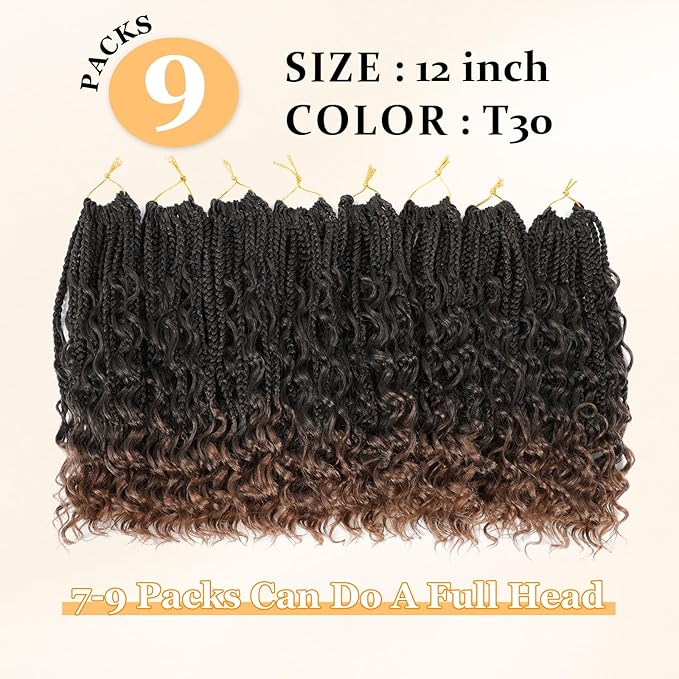 9 Packs Goddess Box Braids Crochet Hair Boho Crochet Box Braids With Curly Ends Crochet Hair For Black Women, 12 Inch Pre Looped Bohemian Crochet Box Braids Hair (12Inch 9 Packs,T30)