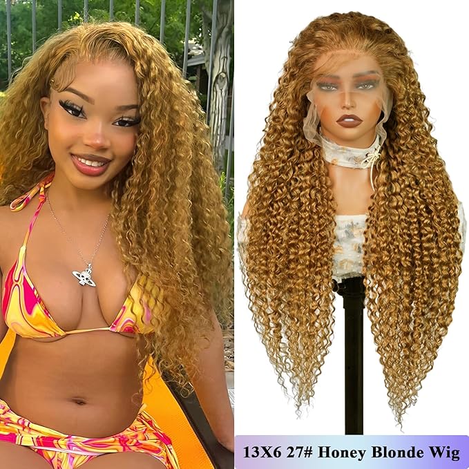26inch Honey Blonde Wig Human Hair, Deep Wave Lace Front Wigs Human Hair #27 Color Blonde Curly 13x6 Hd Lace Front Wigs Pre Plucked With Baby Hair Lace Frontal Wig 180% Density For Black Women