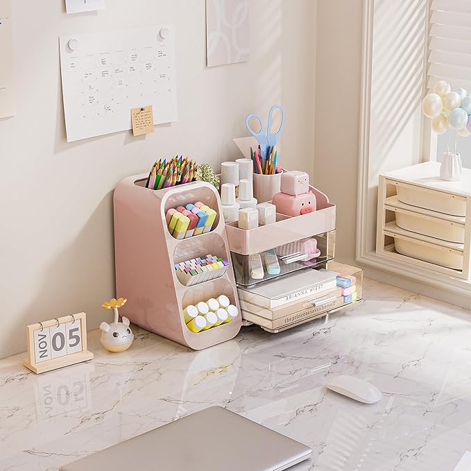 Delamu Makeup Organizer with Drawers for Vanity, Spacious Cosmetic Display Case with Makeup Brush Holder, Perfect Vanity Bathroom Organizer and Storage Solution for Skincare & Beauty Essentials, Pink