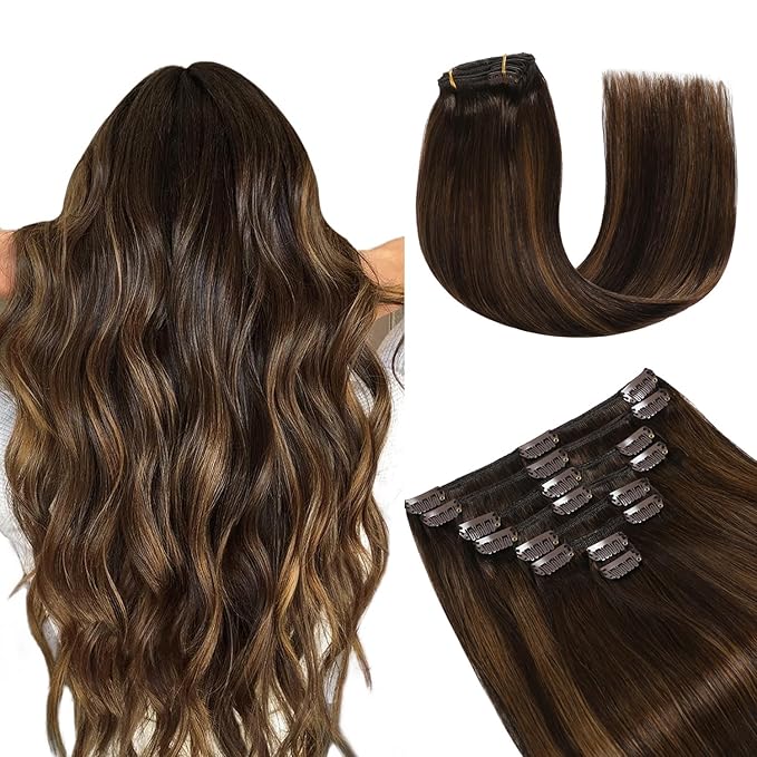 YILITE Hair Extensions Clip in Human Hair 8Pcs 120Gram/Pack #2/6/2 Balayage Dark Brown to Chestnut Brown Silky Remy Human Hair Double Weft Straight Real Hair Extensions Clip ins Thick