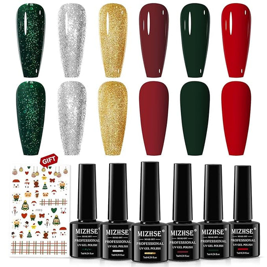 MIZHSE Gel Nail Polish Set, 6 Colors Sparkle Green Glitter Gold Silver Gel Polish Dark Green Dark Red Gel Polish Kits Soak Off Nail Art Manicure Home New Year Day Gifts for Ladies