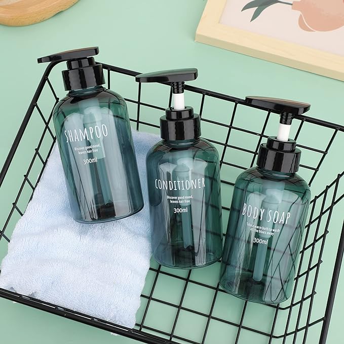 Segbeauty Shampoo and Conditioner Dispensers, 10oz Refillable Pump Bottles for Shower 300ml Body Wash Shampoo Dispenser 3 Packs Empty Plastic Press Bathroom Liquid Body Soap Gel Lotion Dispenser Blue