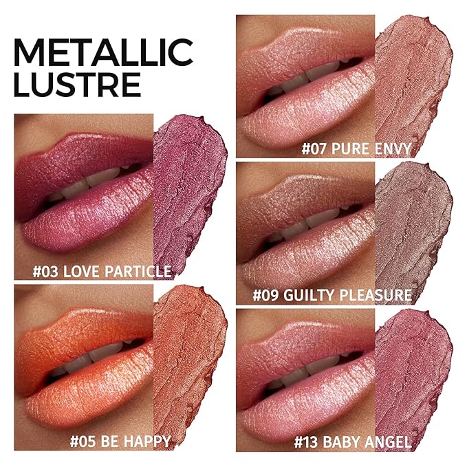 5pcs Glitter Lipstick High Impact Lipcolor,Lipstick Moisturizing Creamy Formula,Metallic Lipstick For Women For Vegan & Cruelty-Free,Full-Coverage Lip Color (#C, 20g)