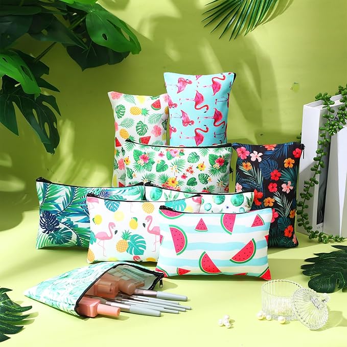 Eccliy 20 Pcs Summer Makeup Bag Cosmetic Bag Canvas Gifts Summer Themed Accessories for Girls Toiletry Pouch with Zipper for Women Party Shopping Home Travel, 8 x 5 Inch