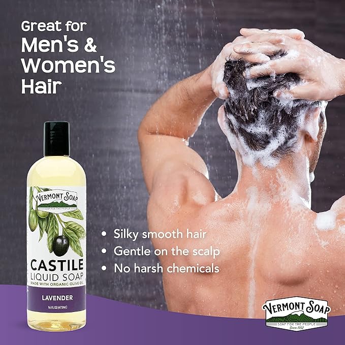 Vermont Castile Soap Lavender, Gentle Liquid Soap for Sensitive Skin & Natural Body Wash, Organic Hair Shampoo for Oily Hair, Aloe Castile Soap for Men & Women - 16 Oz