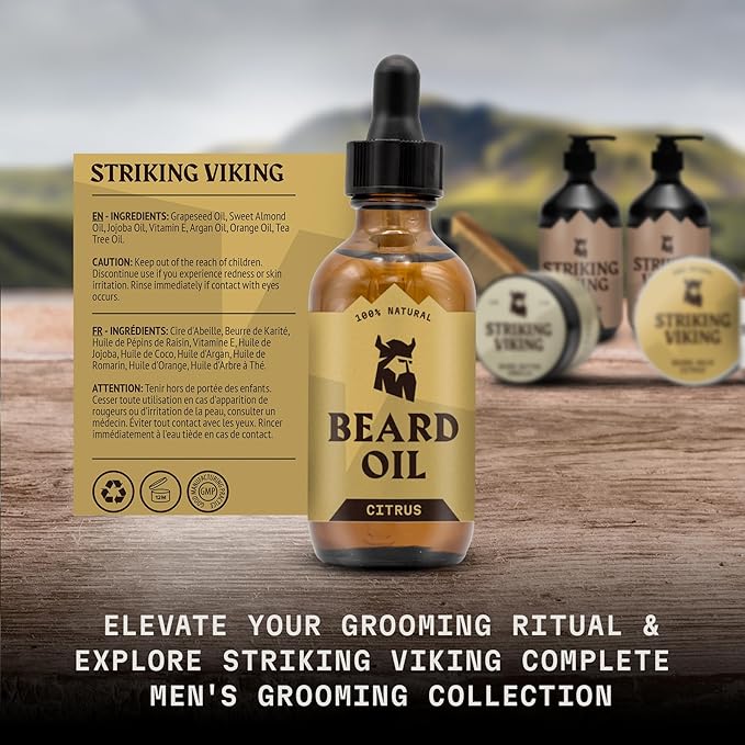 Striking Viking Beard Oil for Men - 2 Fl Oz, Citrus Scent - Naturally Derived Conditioner with Almond, Tea Tree, Argan & Jojoba Oil for Beard Growth, Softening & Moisturizing